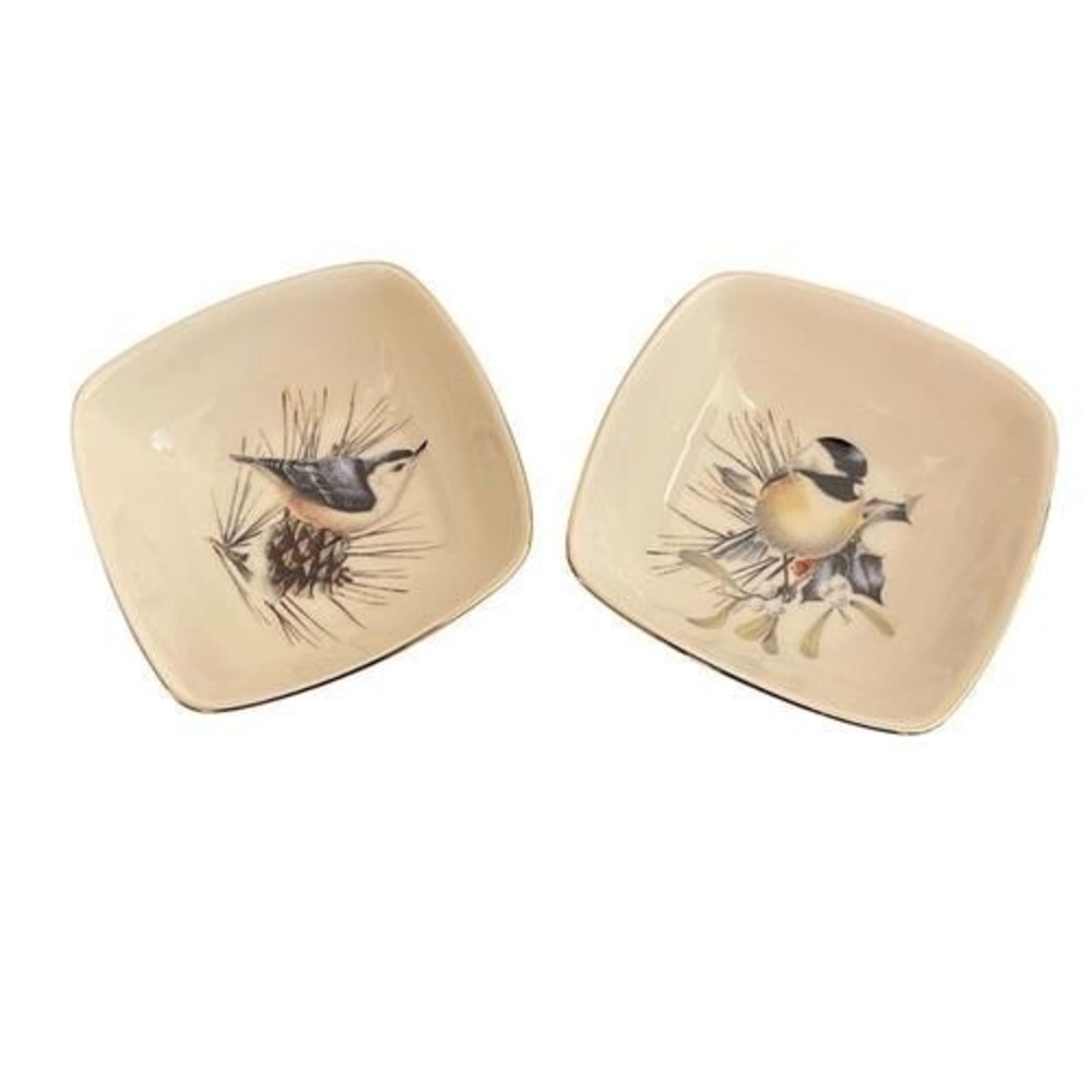 Lenox American Home Collection Winter Birds Square Bowls Set of 2 Chickadee Pine